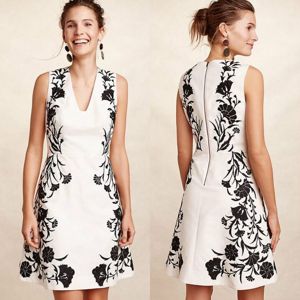 NEW ANTHRO Embroidered Bellflower Dress White Black